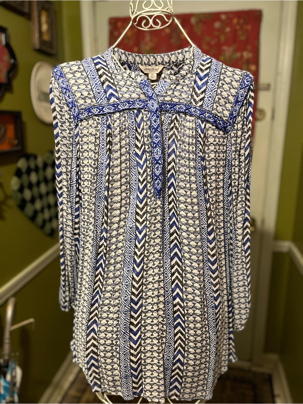 Lucky Brand Black White Blue Beaded Global Print Long Sleeve Blouse Top 2X